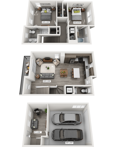 Floor plan for 2 beds, 2.5 baths, 1417 sqft